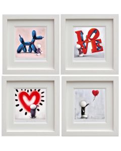 Full set equates to 4 framed images of equal size - 27 by 26 inches.
1. a dog made from a balloon being walked by a Doug Hyde character. 2. The character holding up the words LOVE. 3. A heart drawing. 4. The character letting go of a heart balloon.