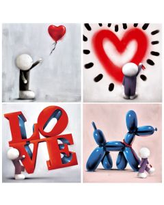Full set equates to 4  images of equal size - 14 by 14 inches.
1. The character letting go of a heart balloon. 2. A heart drawing.  3. The character holding up the words LOVE.  4. A dog made from a balloon being walked by a Doug Hyde character.