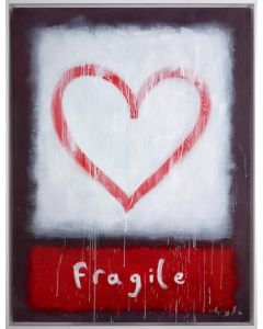 A print with a dark border with a white square section with an outline of a heart. Under this white section are the words 'fragile' in white on a red background. 