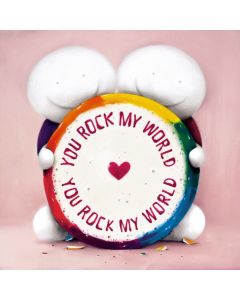 An image of two Doug Hyde created characters holding a sweet, known as a rock stick, that has been cut to reveal the words 'YOU ROCK MY WORLD - THE HYDE FAMILY'. Both characters are smiling and the background is pink.